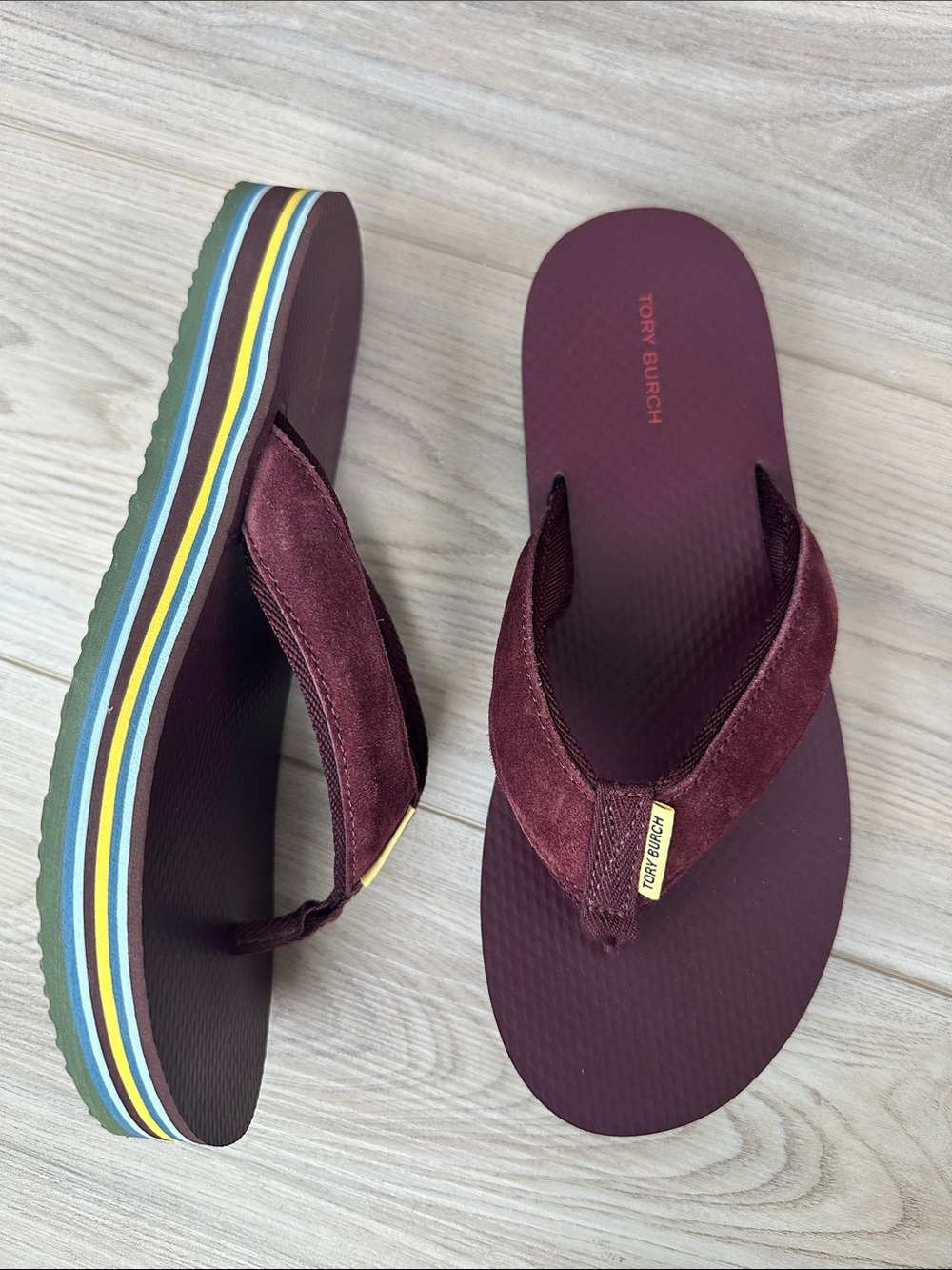 Tory Burch Burgundy Suede Platform Flip Flops with Multi-Striped Sole size 9 - Picture 2 of 8